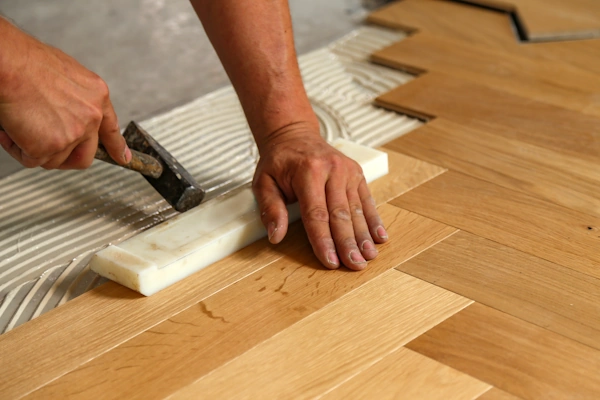 close-up hands doing flooring installation using quality vinyl flooring and hammer