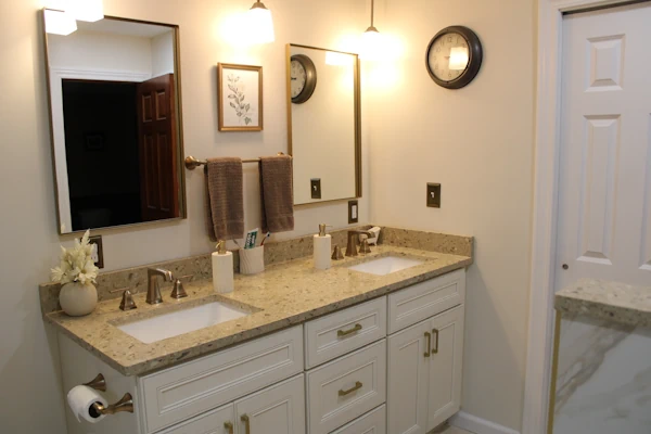 Photo showing double vanity and mirrors in bathroom remodeling project.